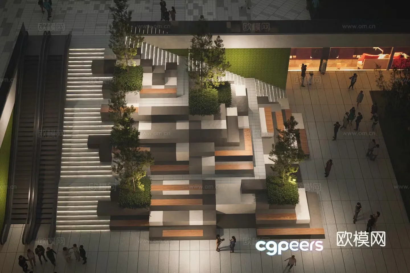 Modern stair landscape Square sinking stairs Wooden platform 3D model