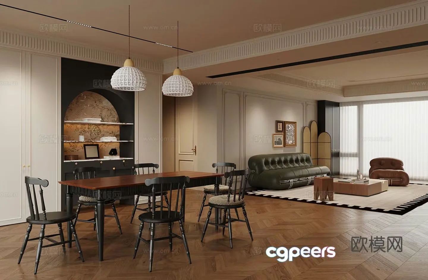 French living room dining room dining table chair wine cabinet sofa combination 3D model