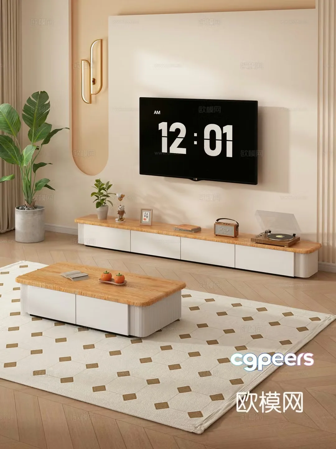 Creamy style tea table TV cabinet ornament combination books decorative painting TV 3d model