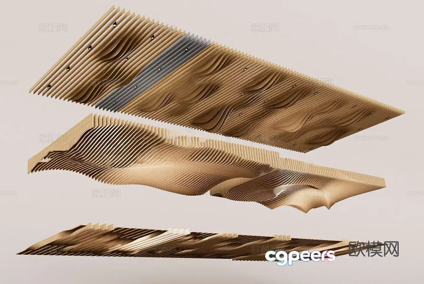 Modern grille solid wood ceiling special-shaped ceiling curved wavy ceiling wooden grille special-shaped wavy ceiling 3D model