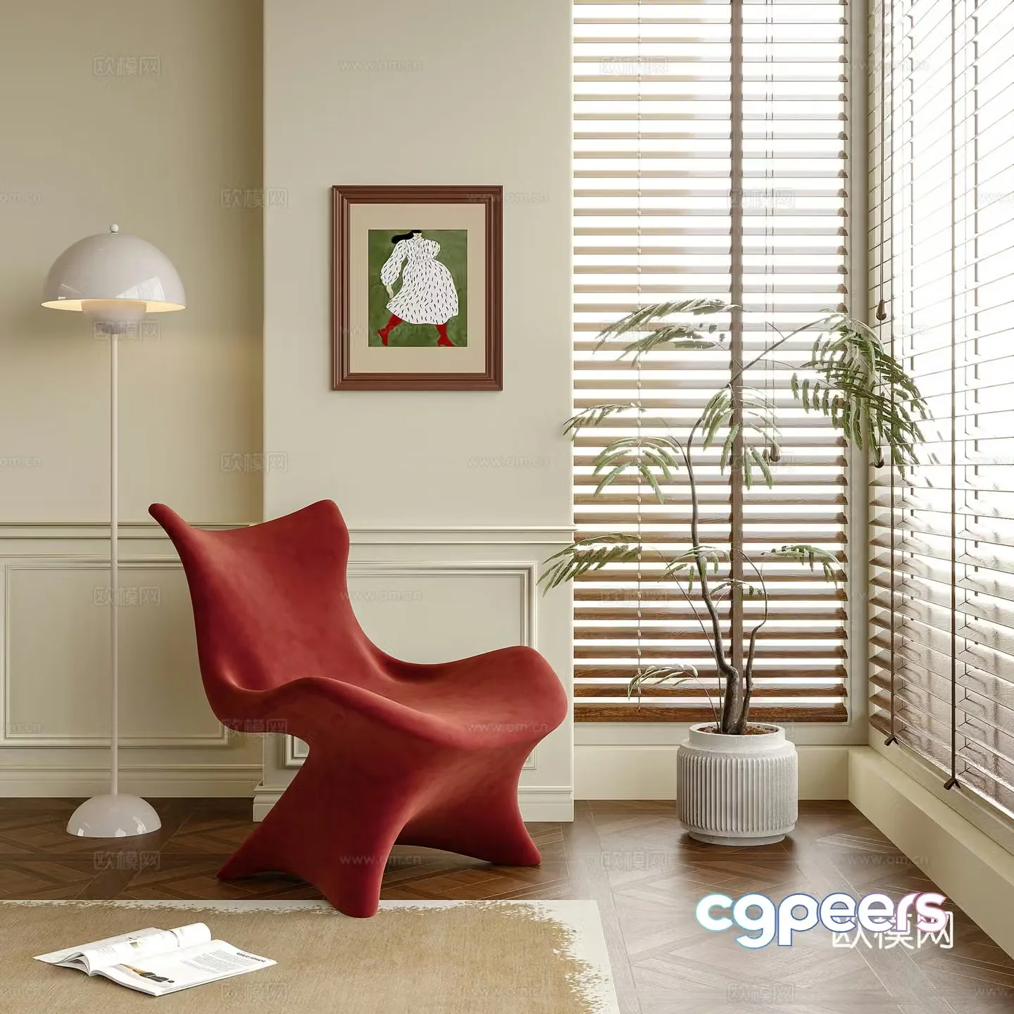 Modern leisure chair single chair potted bonsai floor lamp 3d model