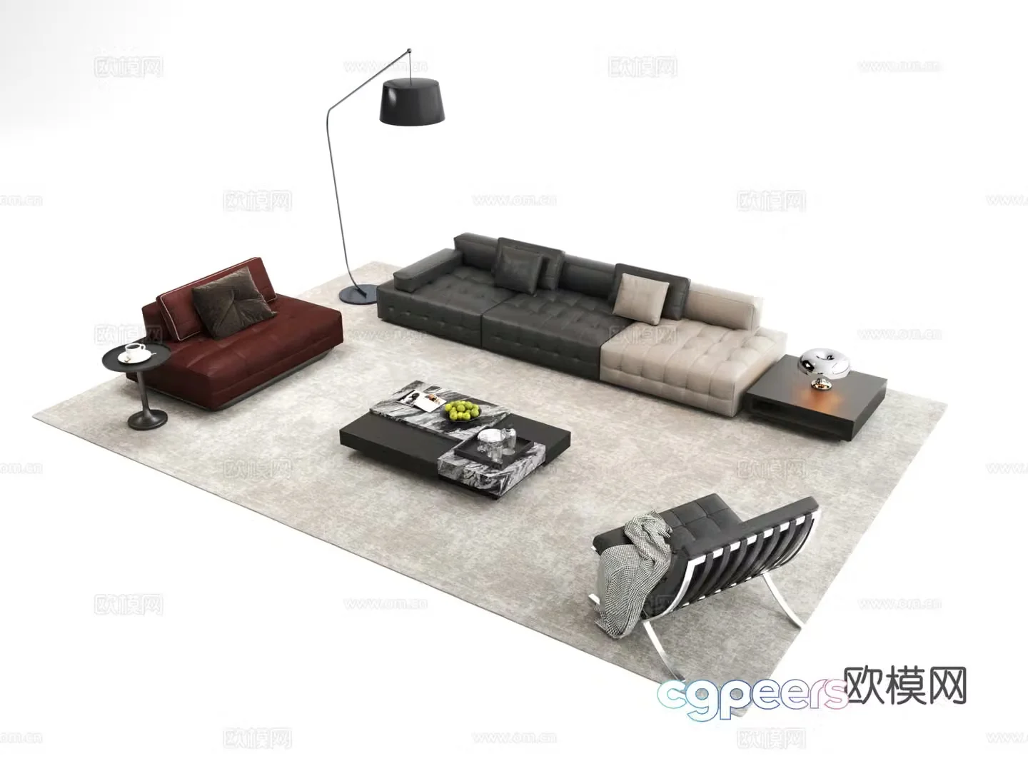 Modern Italian sofa combination rock-panel coffee table sofa coffee table combination multi-person sofa 3D model