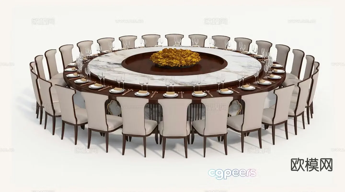 Large round dining table and chairs banquet table 3d model