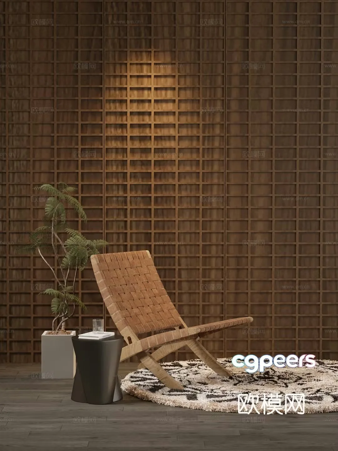 Modern wooden rattan chair 3d model