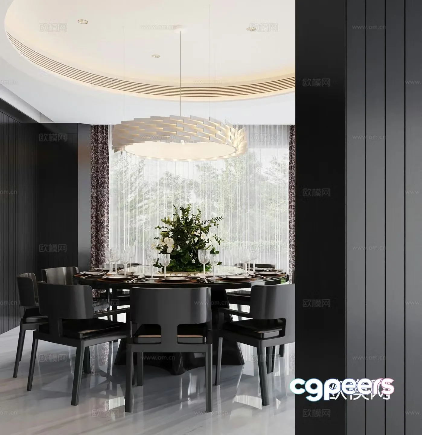 Modern restaurant private room dining table dining chair chandeliers new Chinese style villa restaurant 3d model