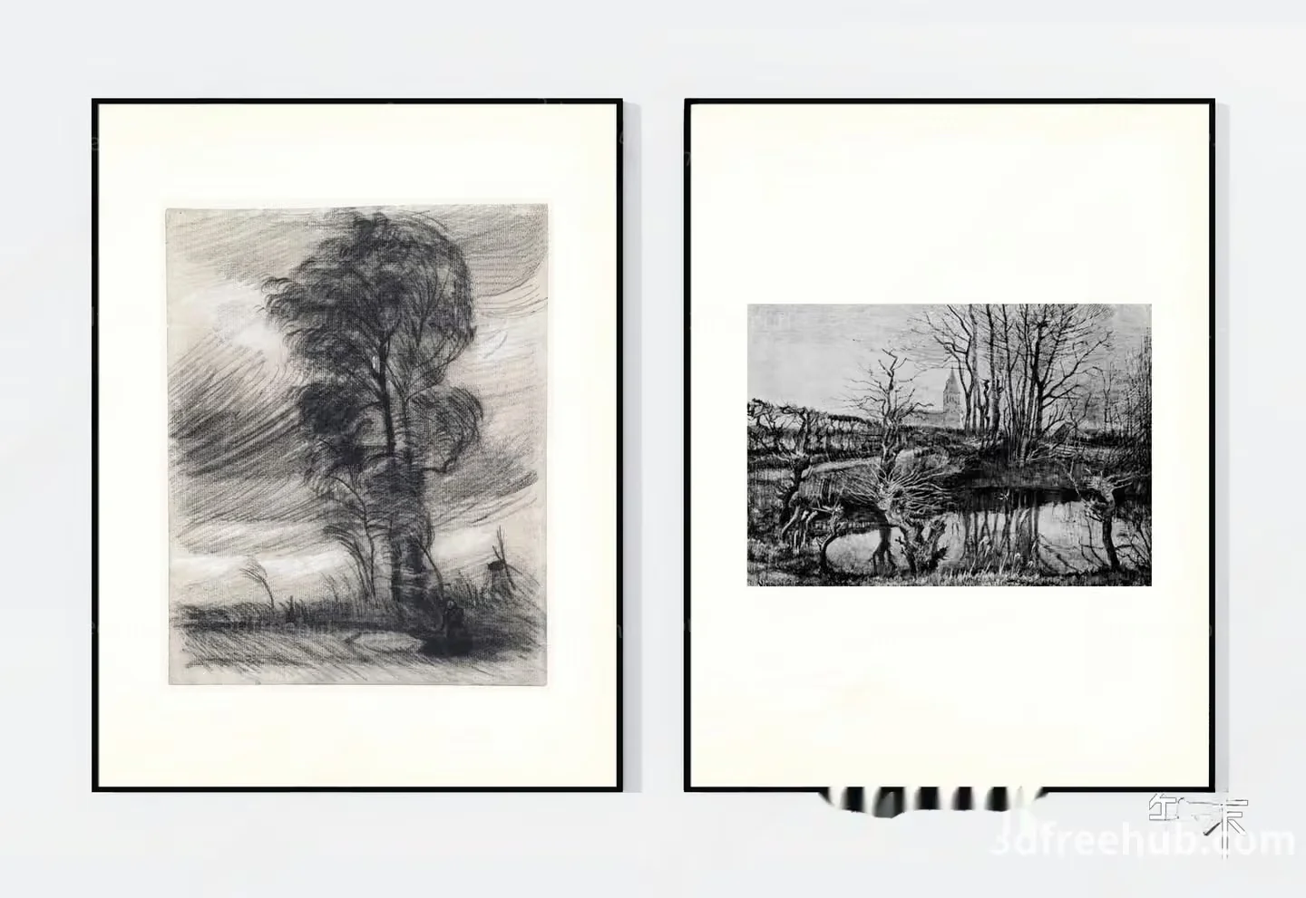 Two Black And White Landscape Paintings 3D Model – 12450 – VRAY Render