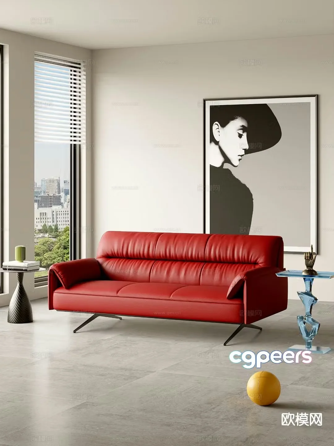 Leather sofa three-seat sofa 3d model