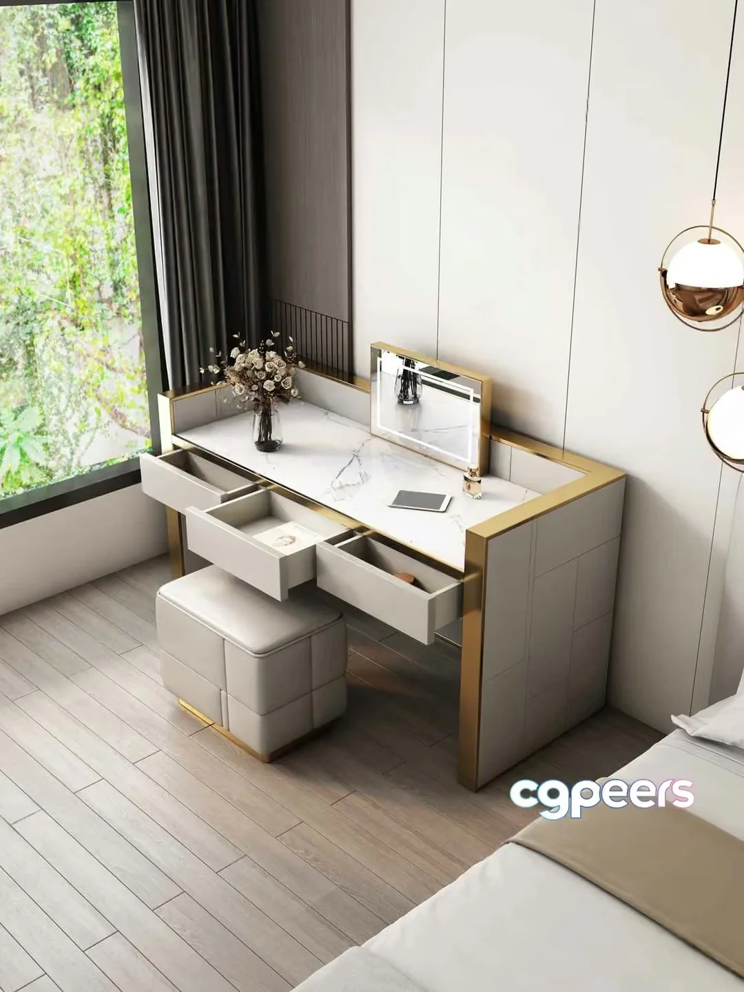 Modern White Vanity With Gold Accents 3D Model – 985 – VRAY Render