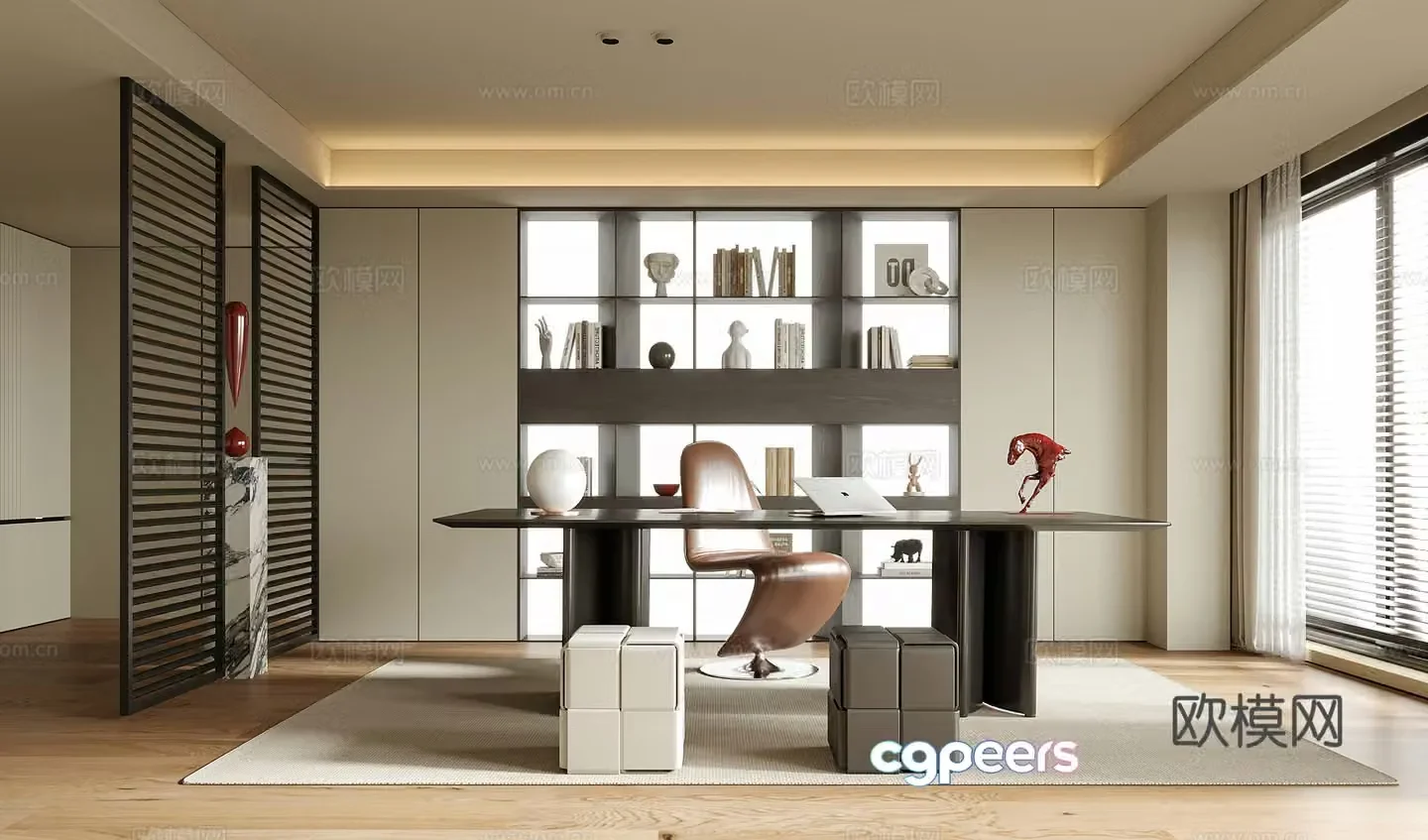 Modern study desk chair stool bookcase 3d model