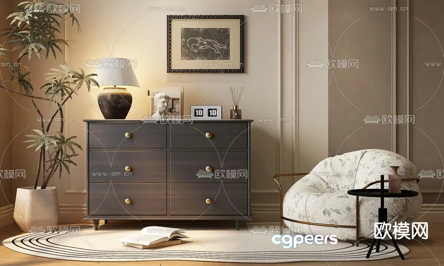 Middle-aged style chest of drawers entrance cabinet 3D model