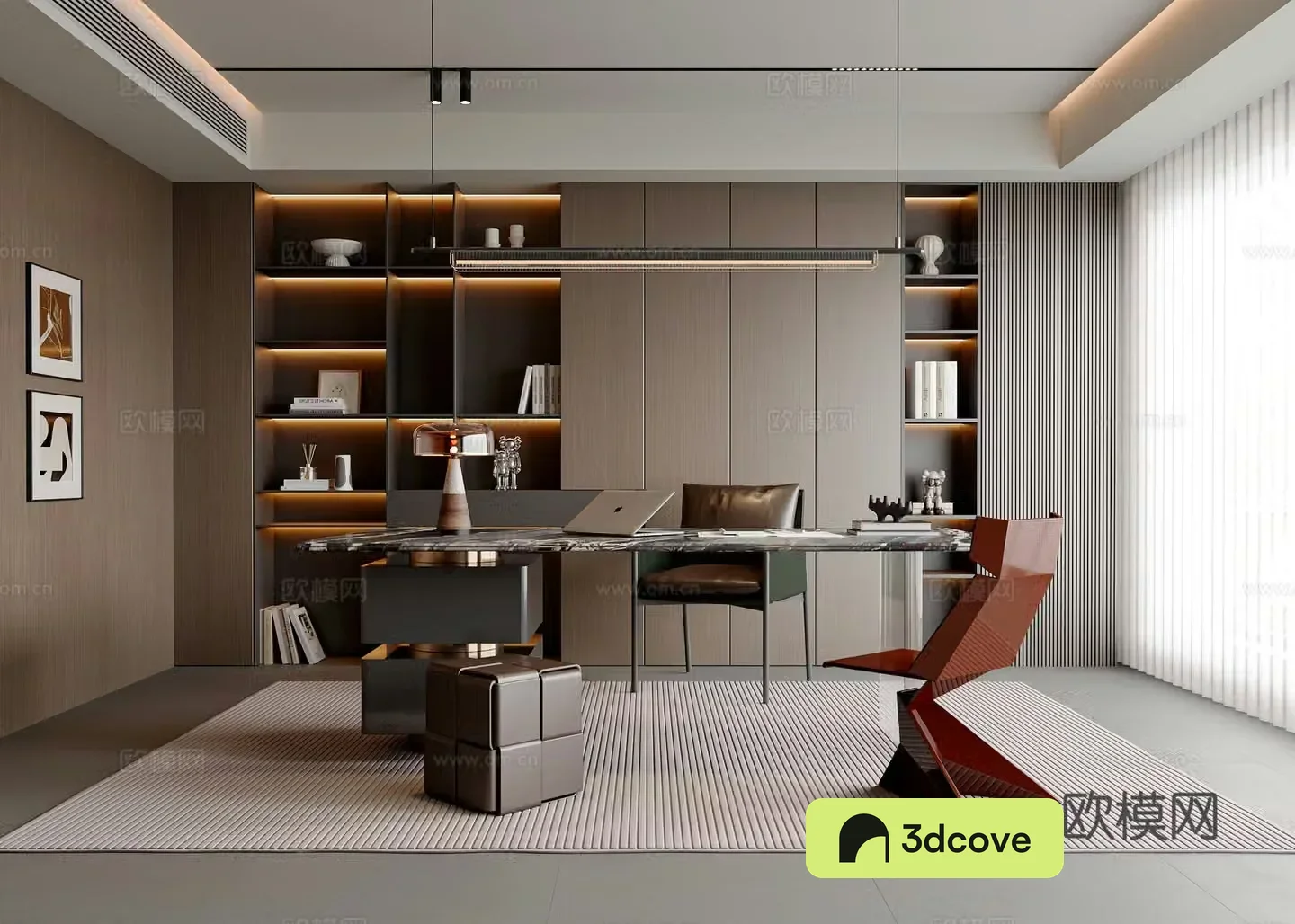 Modern Italian study desk and chair combination Alec single chair chandelier bookcase pier