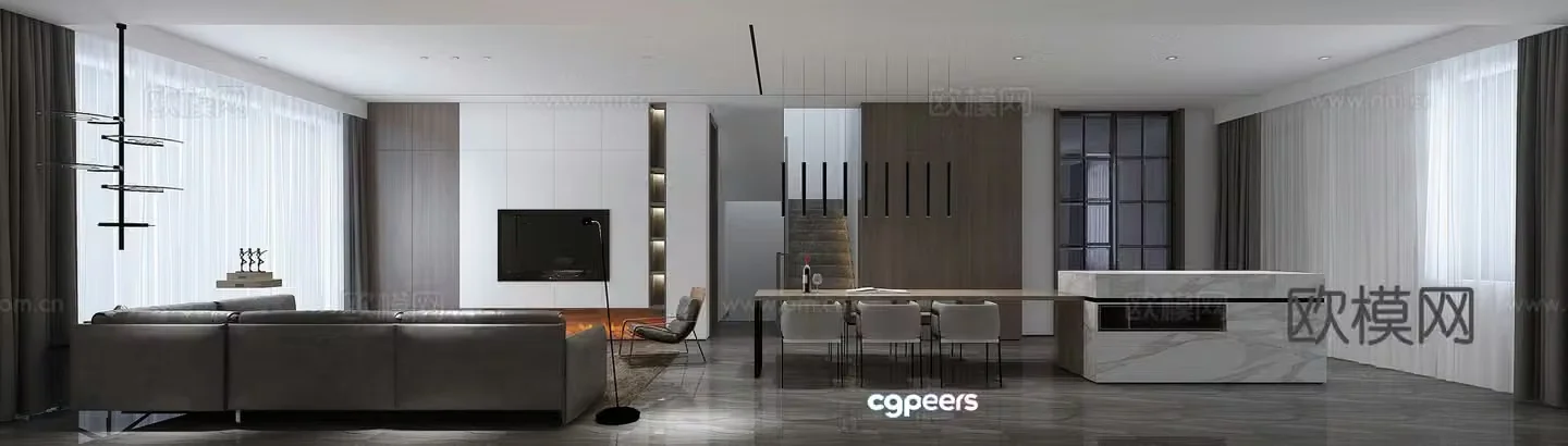Modern minimalist living and dining room sofa West kitchen sliding door fireplace chandelier floor lamp leisure chair 3d model