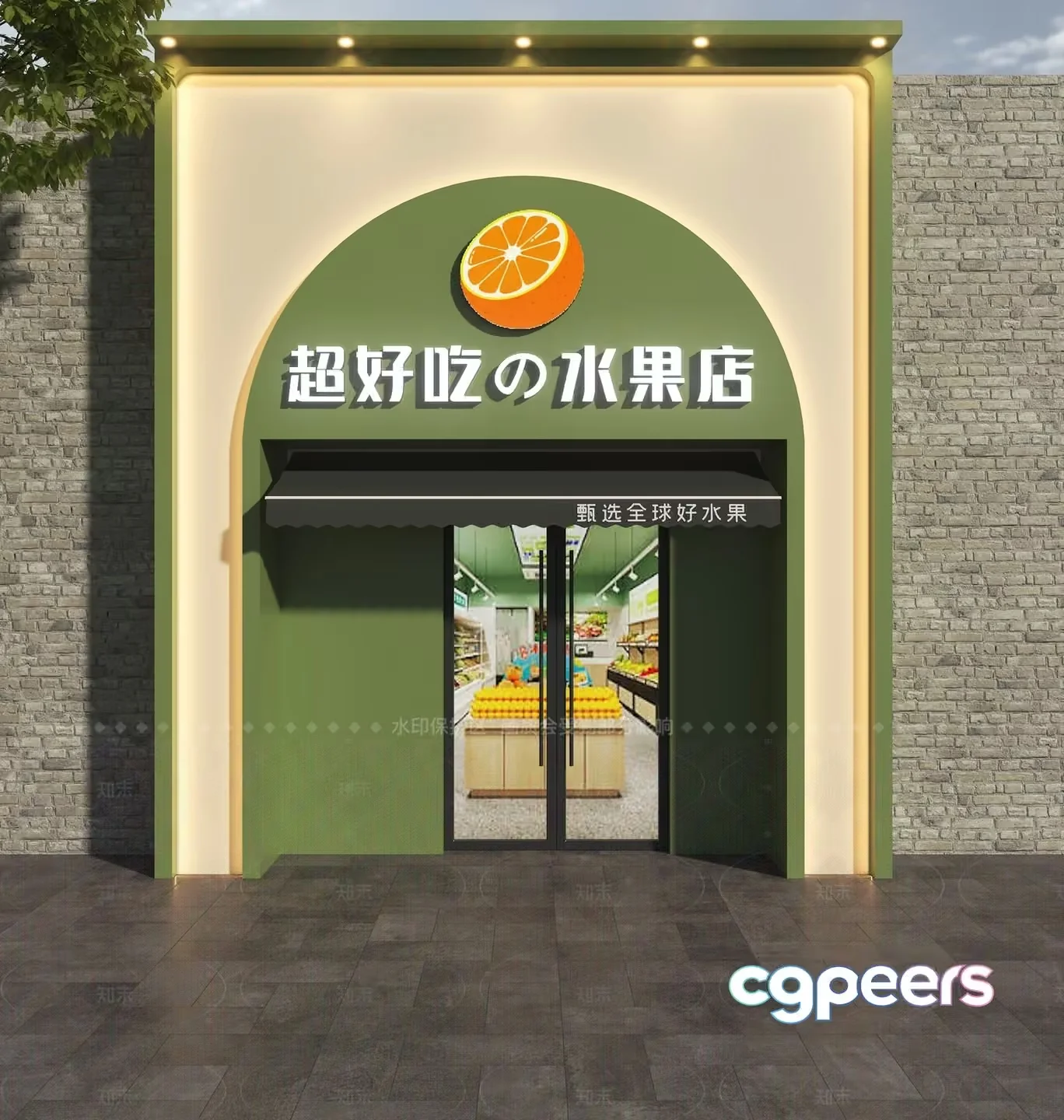 A Storefront With A Green And White Color Scheme Featuring A Prominent Orange Slice 3D Model – 17450 – VRAY Render