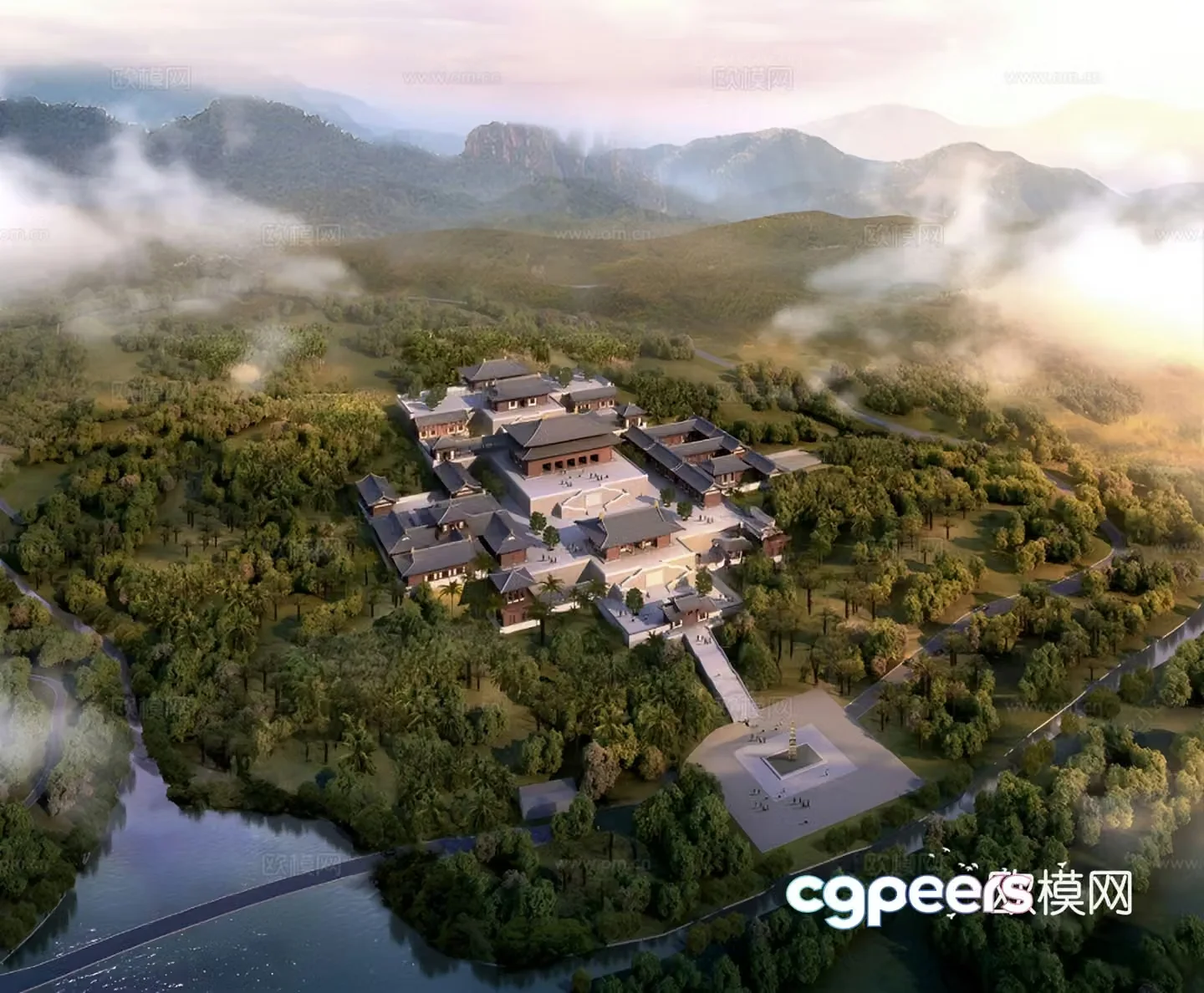 Chinese ancient temple bird’s eye view planning 3D model