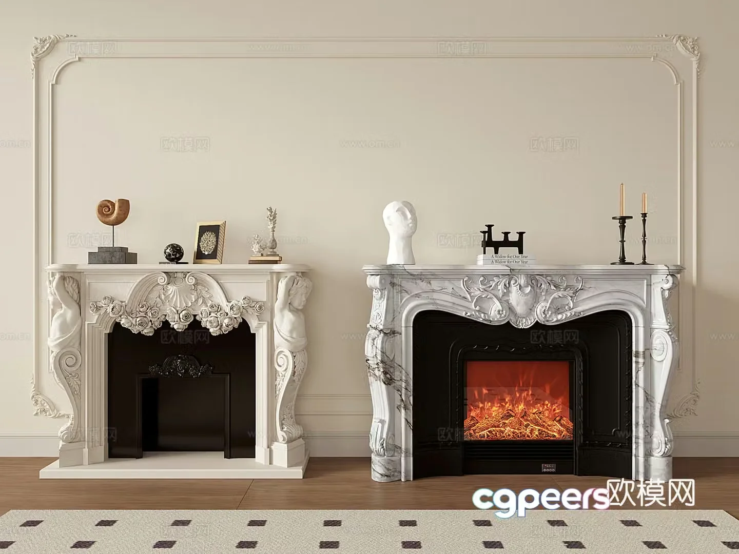 French retro fireplace marble relief carving stone sculpture 3d model