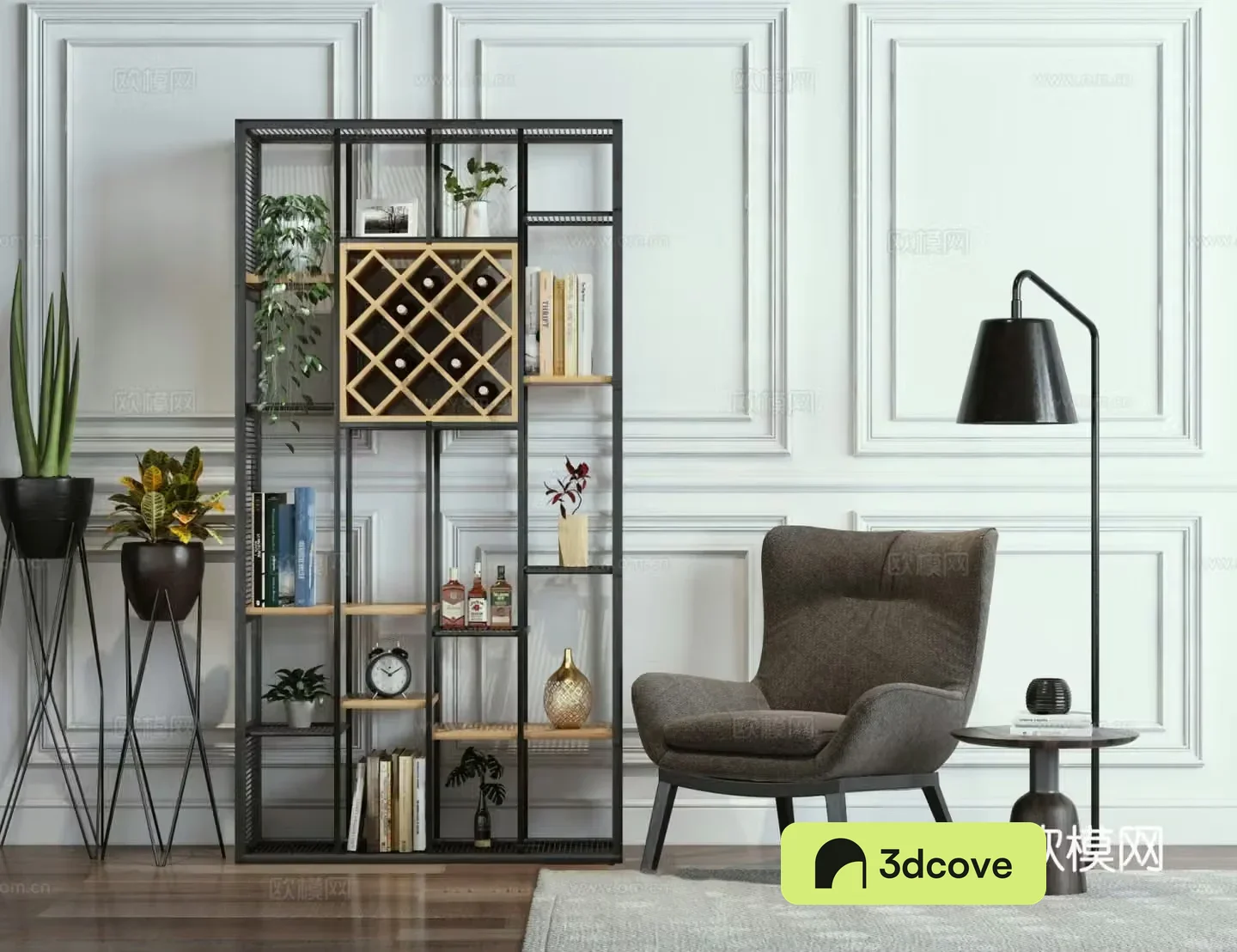 Industrial style storage rack casual gray sofa seat industrial style floor lamp flower rack