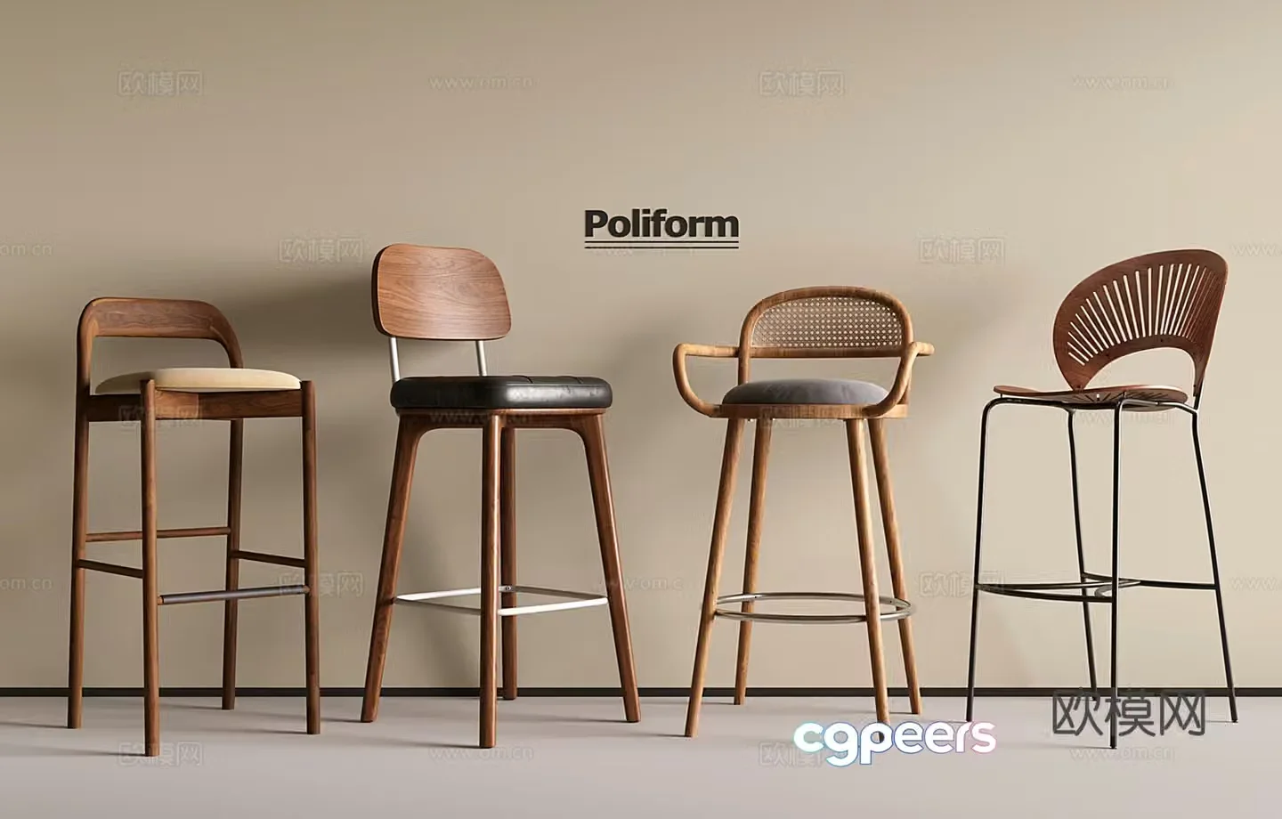 Middle Ages Wasabi Bar Chair Bar Stool Wooden Bar Chair Rattan 3D Model