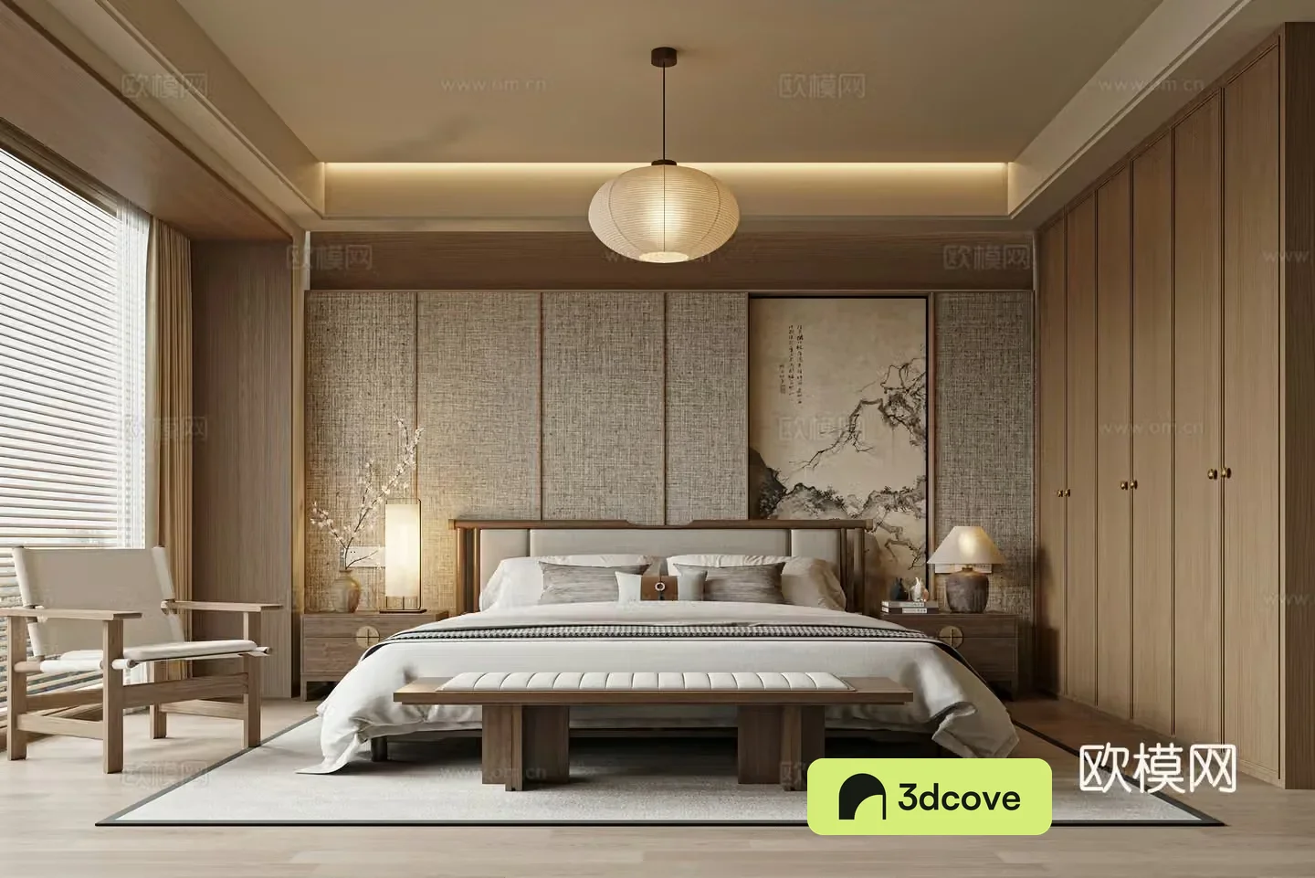 New Chinese Zen Bedroom Song Family Bedroom Background Wall Double Bed
