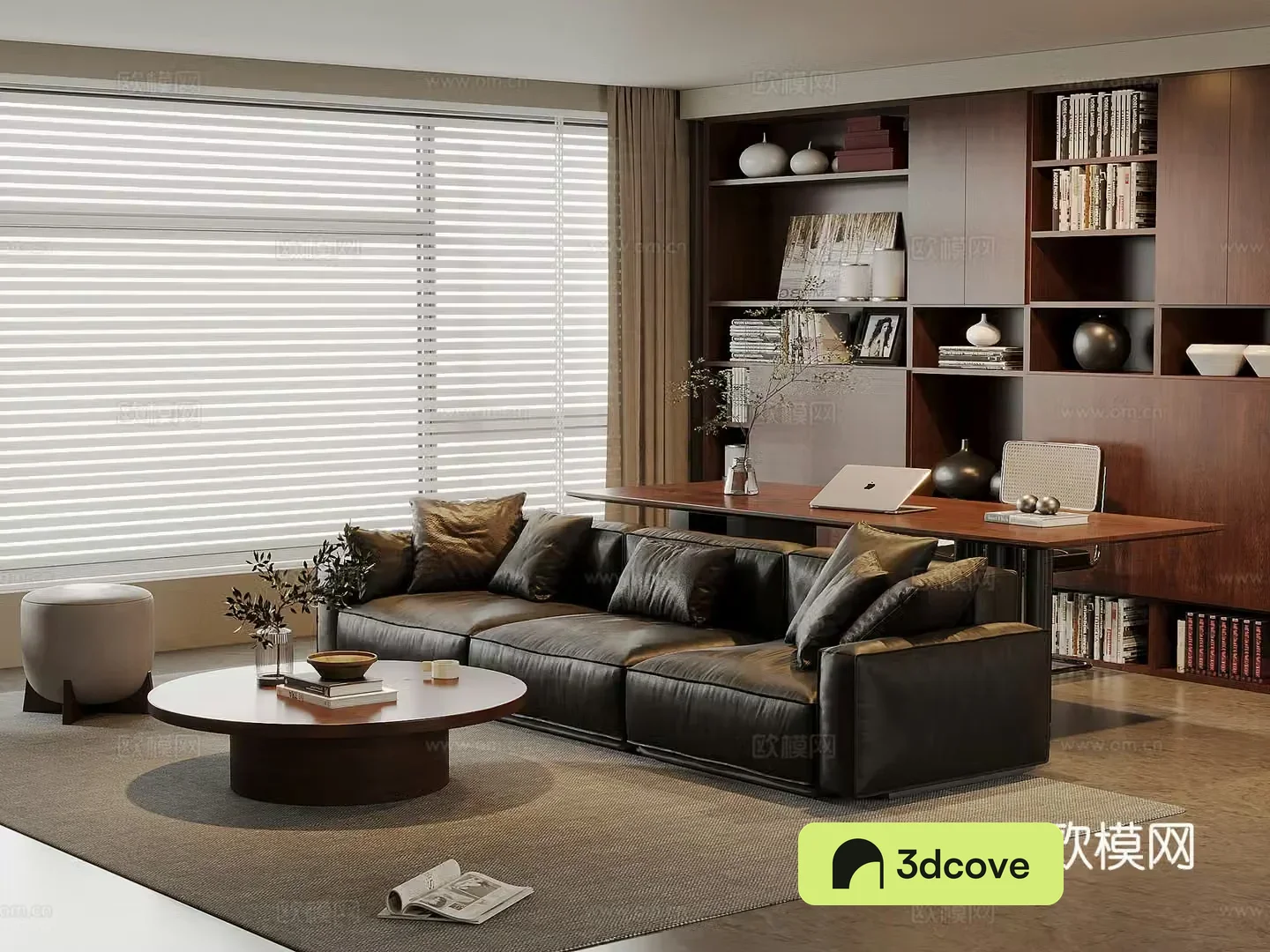 American medieval living room leather sofa and coffee table combination solid wood desk and chair solid wood bookcase