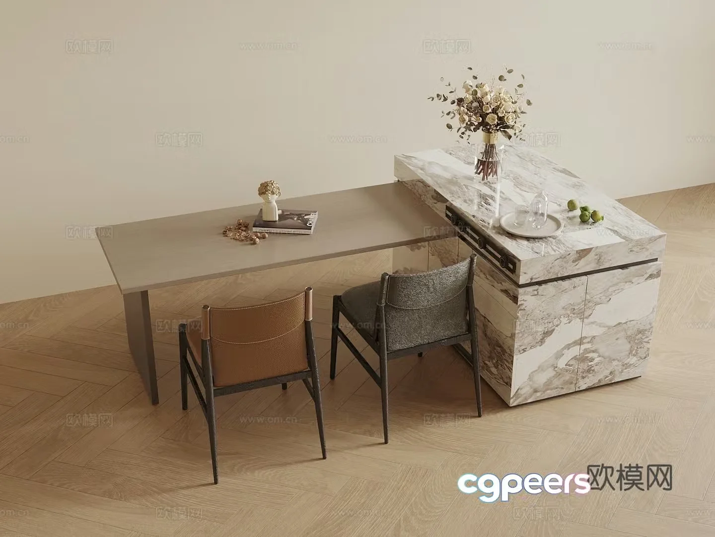 Modern island dining table and chair combination 3D model
