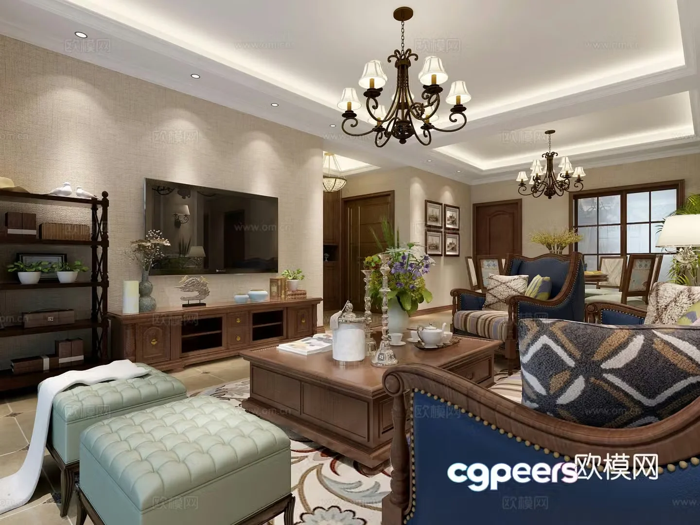 American living and dining room sofa and coffee table dining table and chairs chandeliers and paintings shoe cabinets TV cabinets 3D models