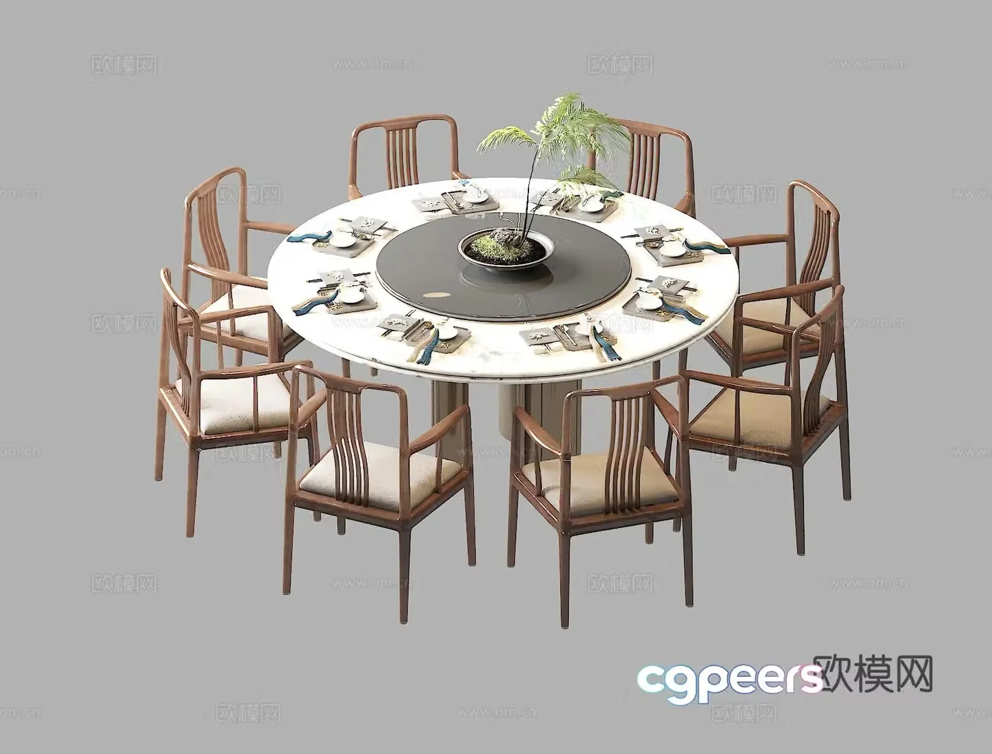 Chinese round dining table and chairs 3d model