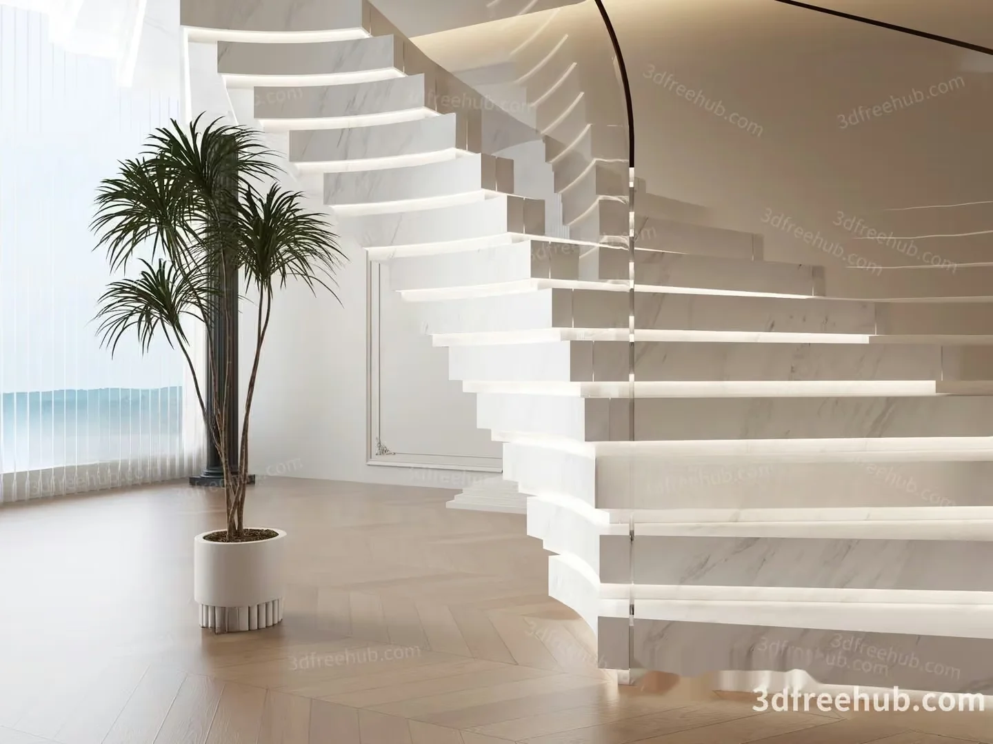 A Modern Staircase With A Potted Plant 3D Model – 21292 – VRAY Render