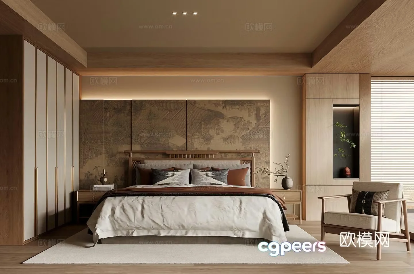 19 bedroom Song style bedroom Double bed Bedside table Wardrobe 3d model