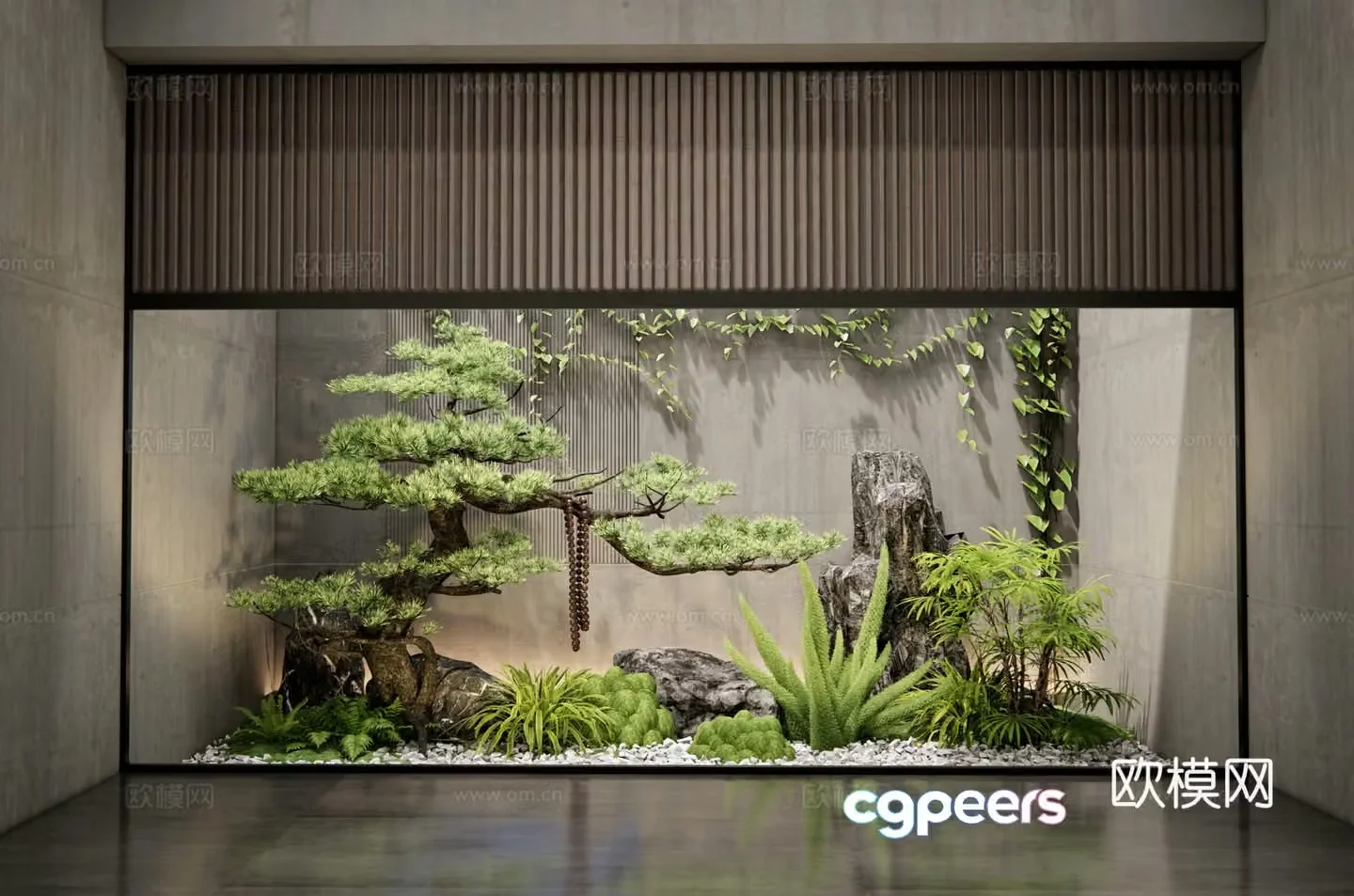 New Chinese style courtyard landscape sketch Interior landscape Patio landscape Pines Plant combination 3D model