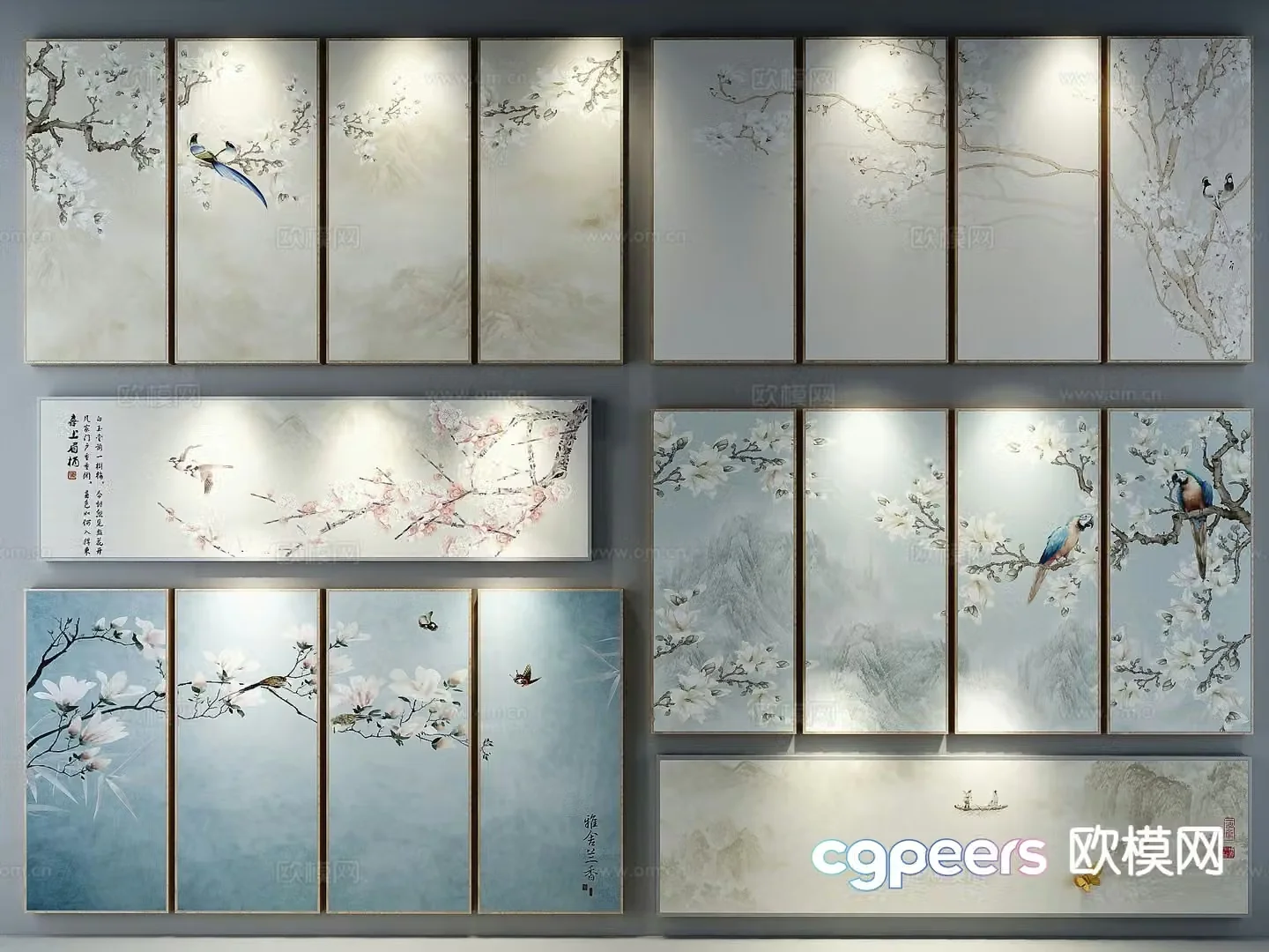 New Chinese style flower painting decorative wall chart 3D model
