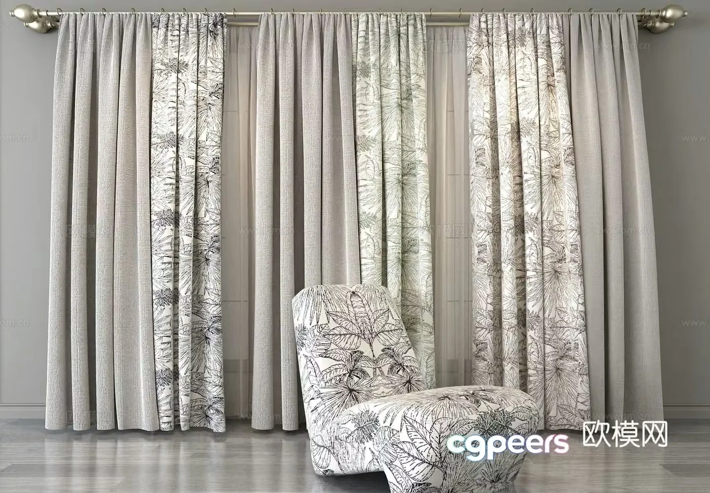 Modern printed fabric curtain 3d model