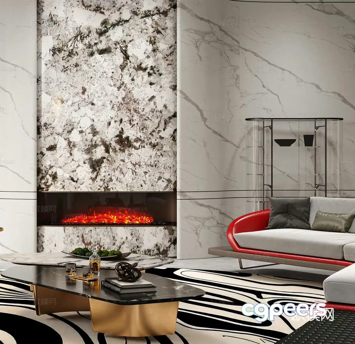 Modern light luxury living room background wall fireplace background wall 3d model