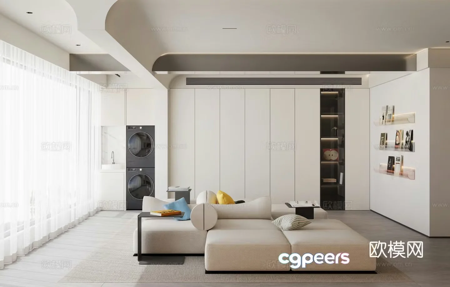 Modern living and dining room combination sofa simple creamy living room modern living and dining room washing machine 3d model