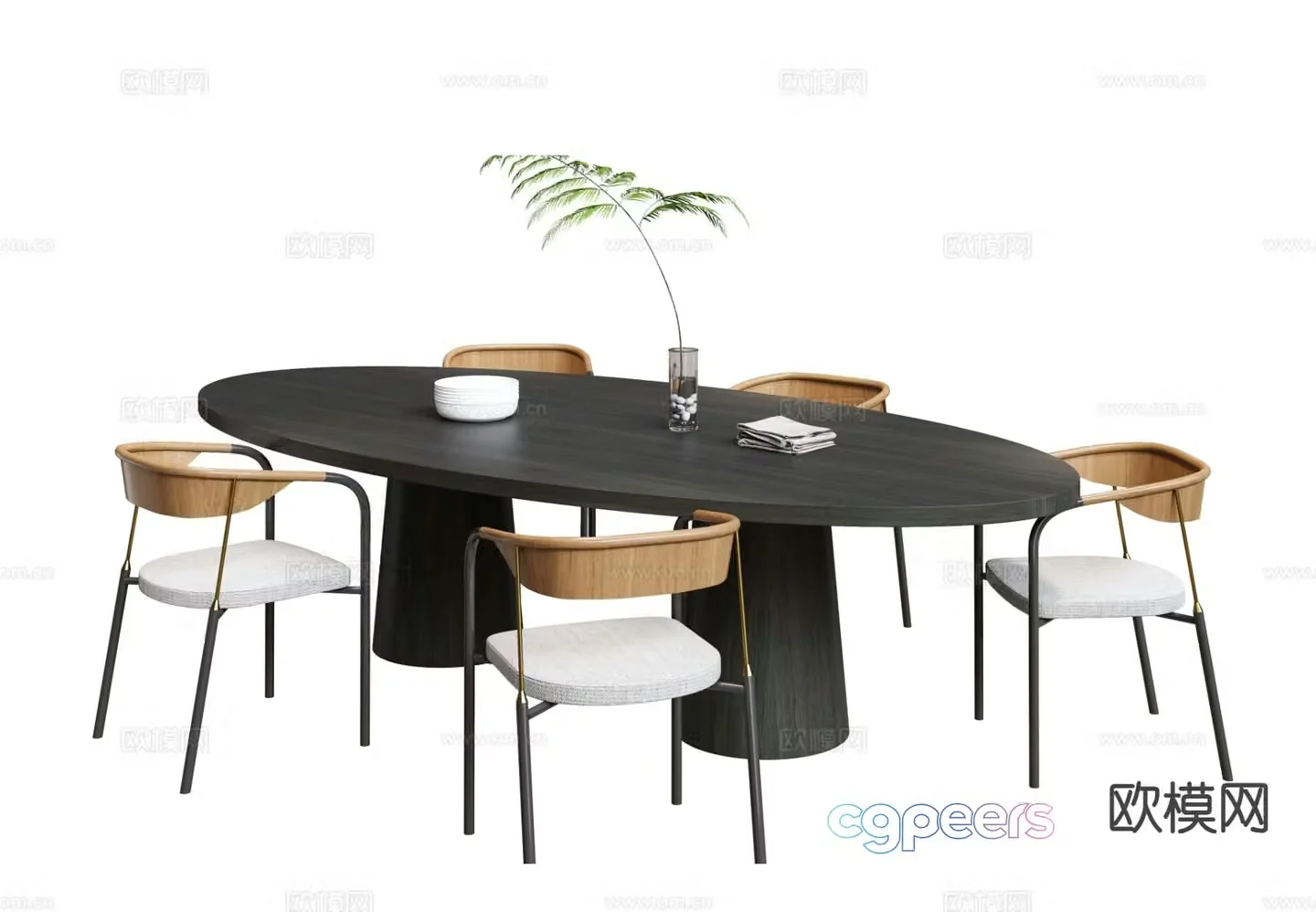 Modern oval dining table and chairs 3d model