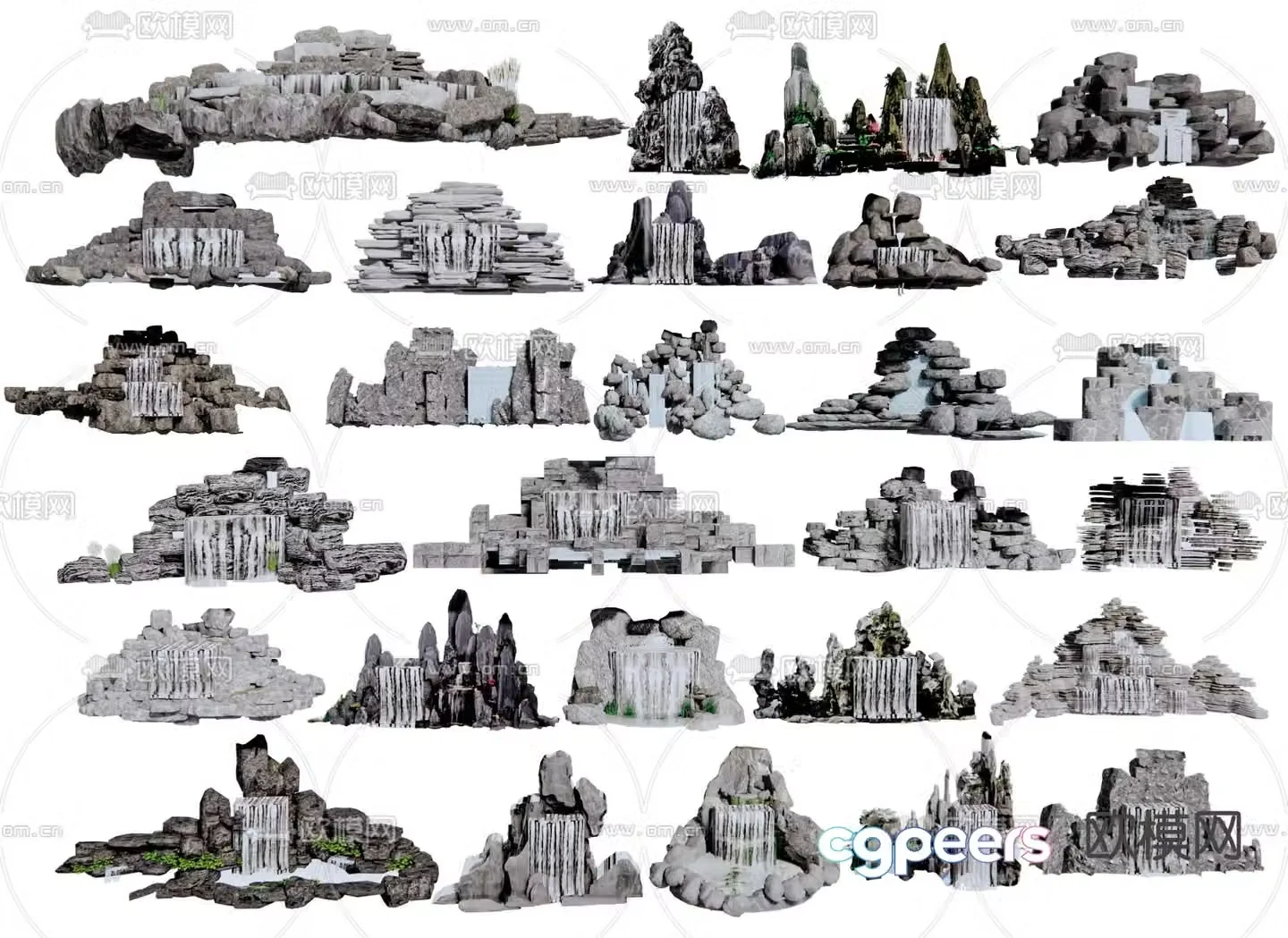 Chinese rockery falling water feature landscape stone 3D model
