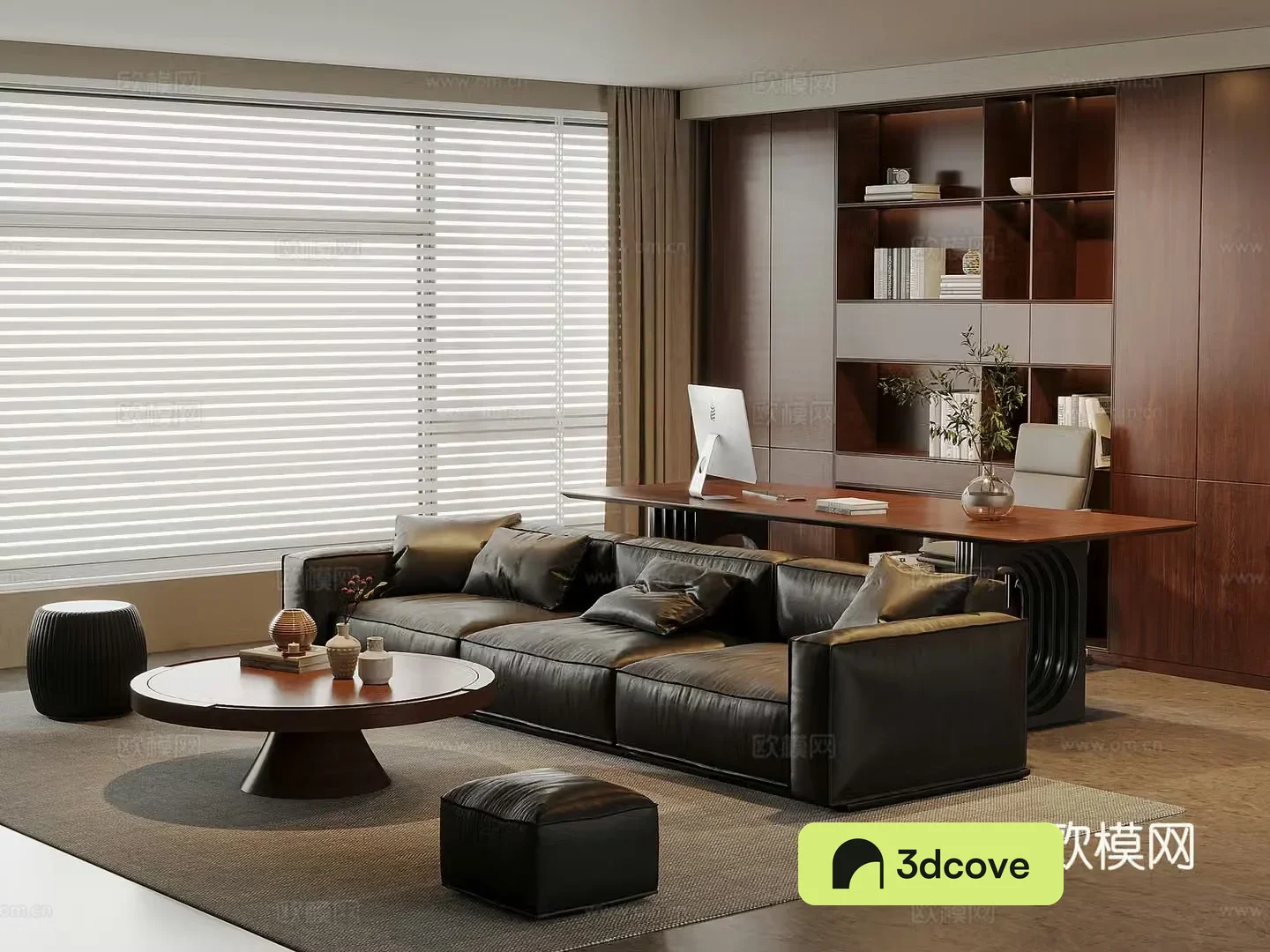 American medieval living room leather sofa and coffee table combination solid wood desk and chair solid wood bookcase