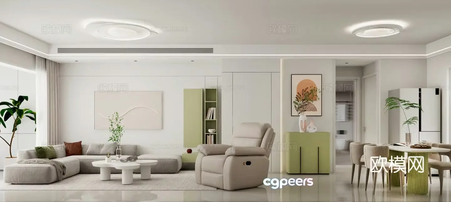 Modern minimalist living and dining room 3D model