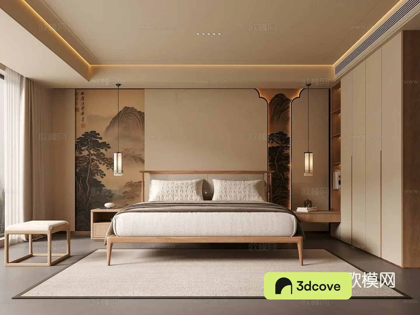 Song’s medieval style bedroom double bed combination bedside table chandeliers green plants ornaments background