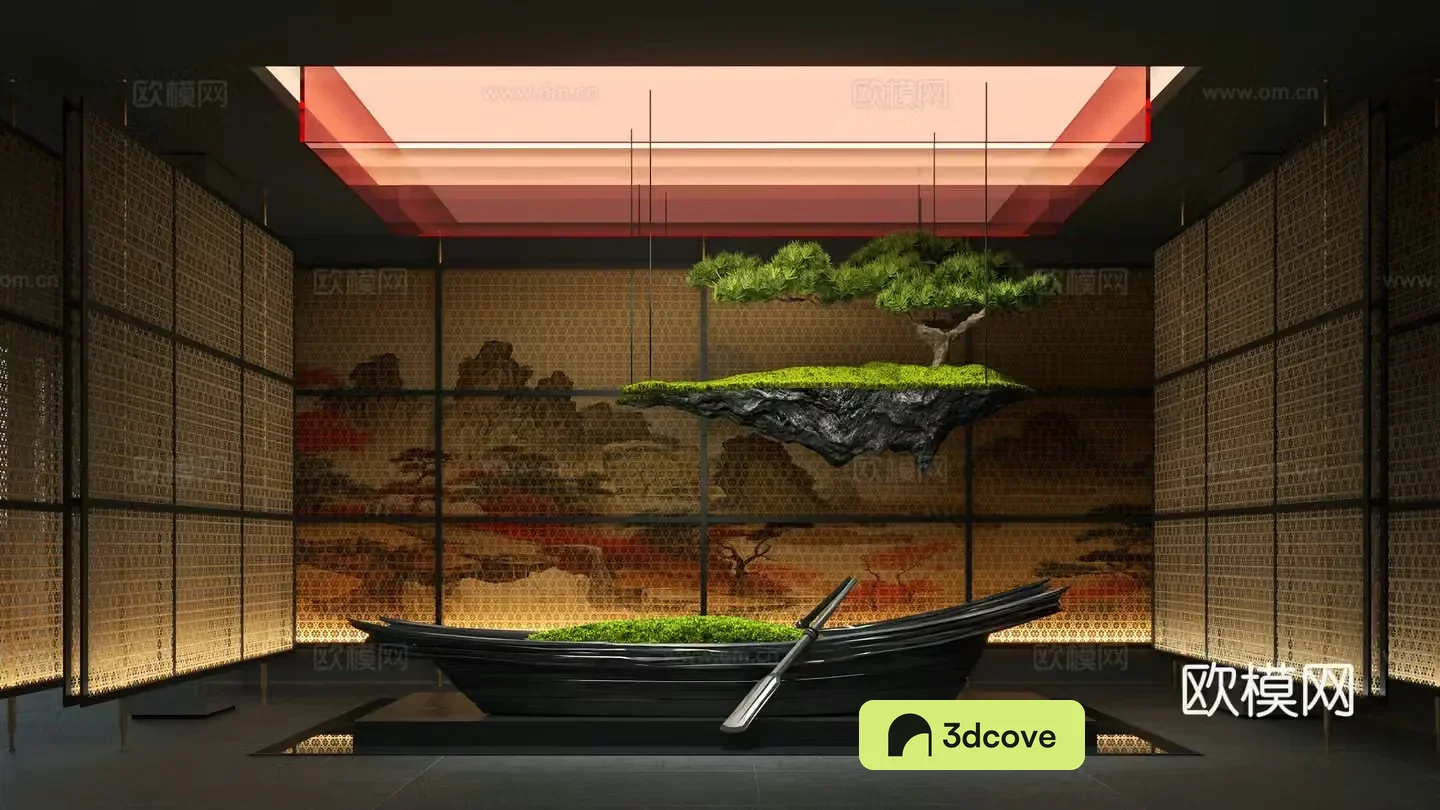 New Chinese style interior landscape landscaping hanging trees ship installation