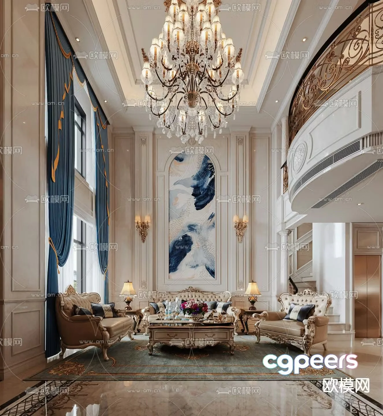 European style villa lobby villa hollow 3D model