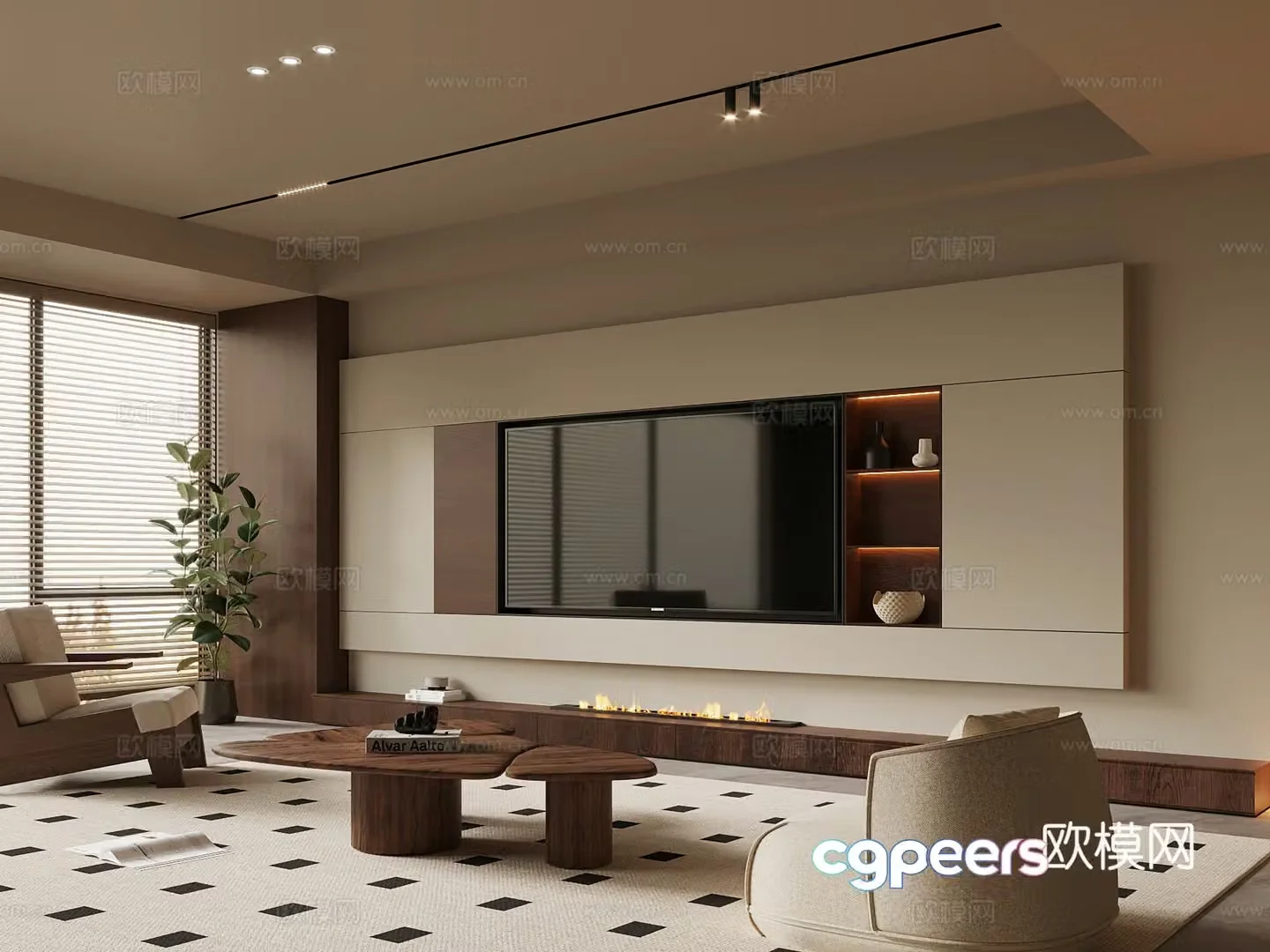 Middle style living room TV background wall sofa coffee table combination 3D model