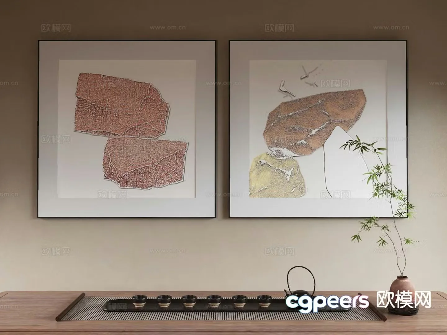 New Chinese style decorative painting Zen hanging painting tea set 3D model