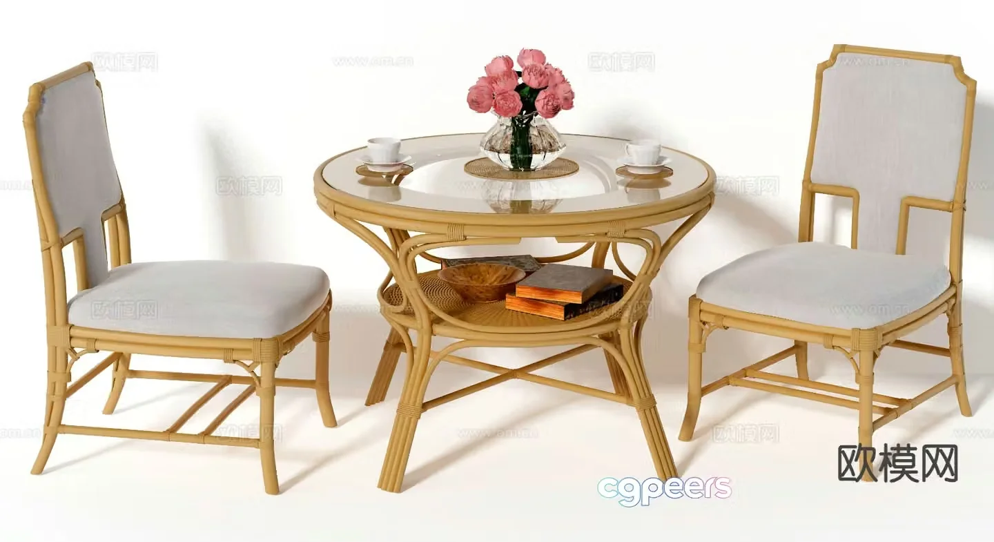 Wabi-sabi round dining table and chairs 3d model
