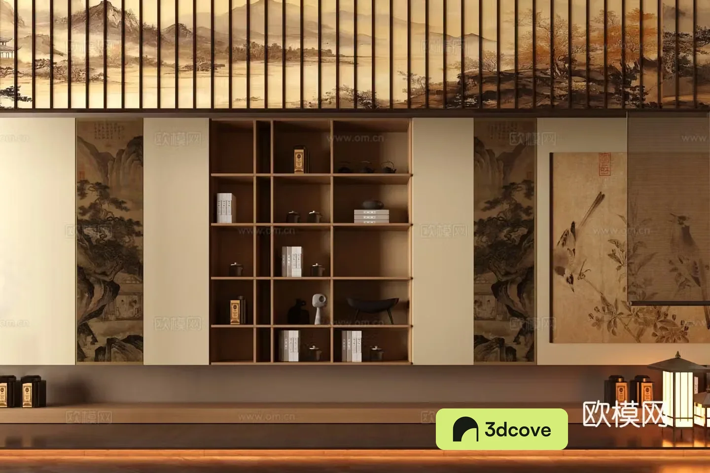 New Chinese style Zen tea cabinet Song style tea room cabinet Tea room background wall Whole row of tea cabinet background wall