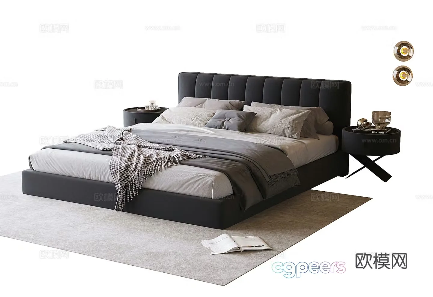 Modern double bed bedside table bedding 3d model