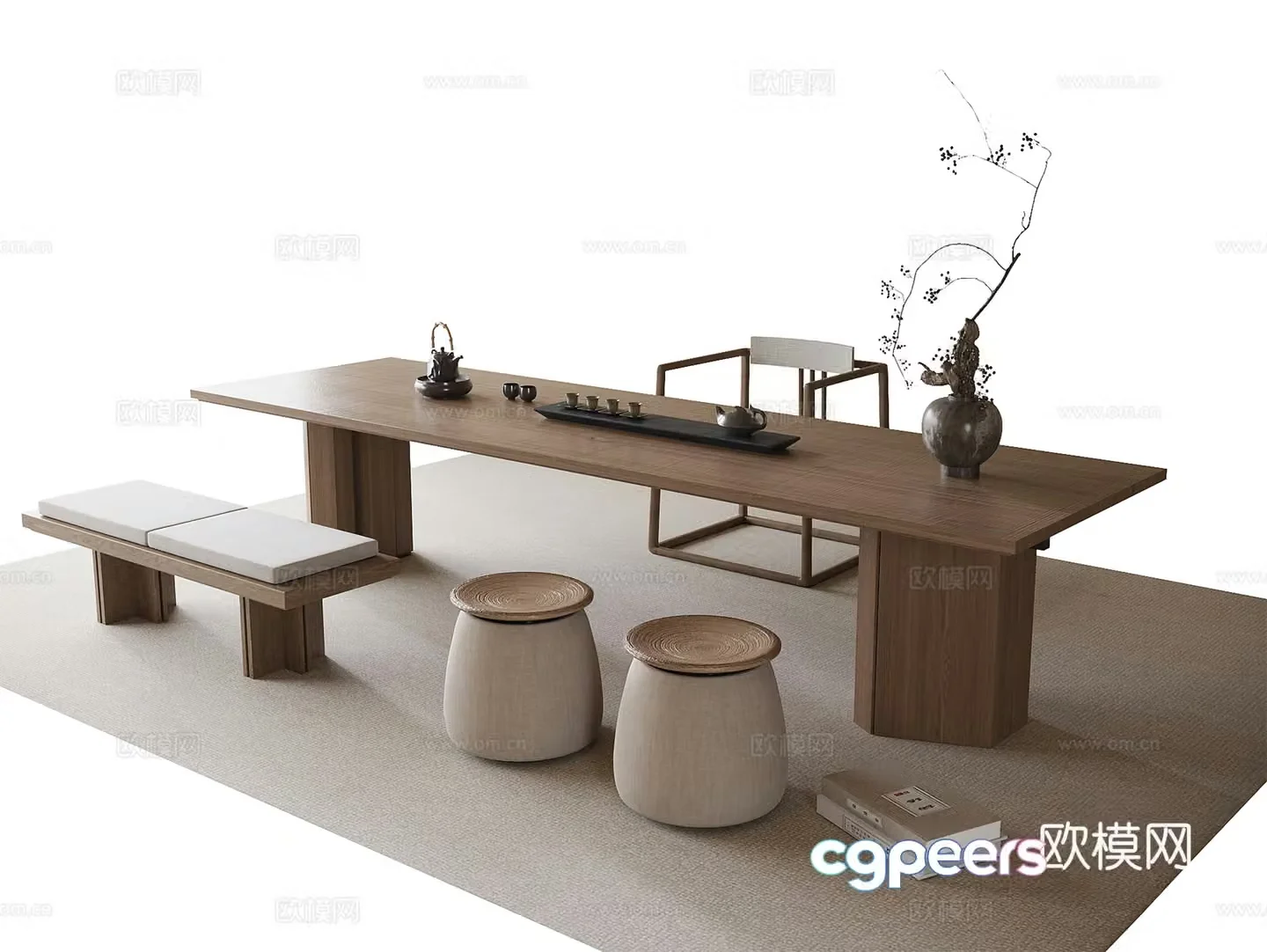 Modern tea table and chair stool tea set tea chair 3d model