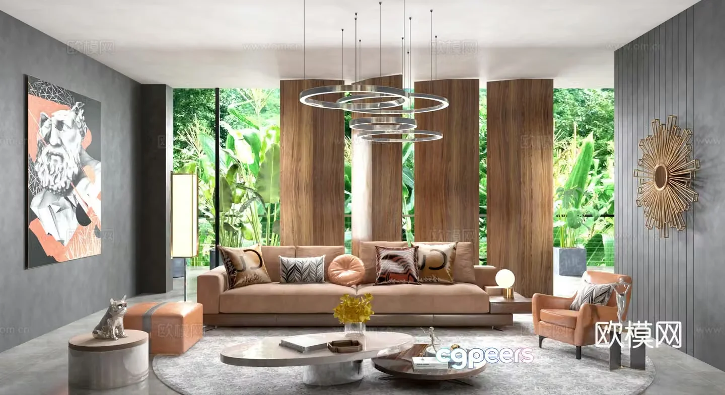 Postmodern light luxury living room sofa leisure chair coffee table stool chandeliers accessories ornaments 3D model