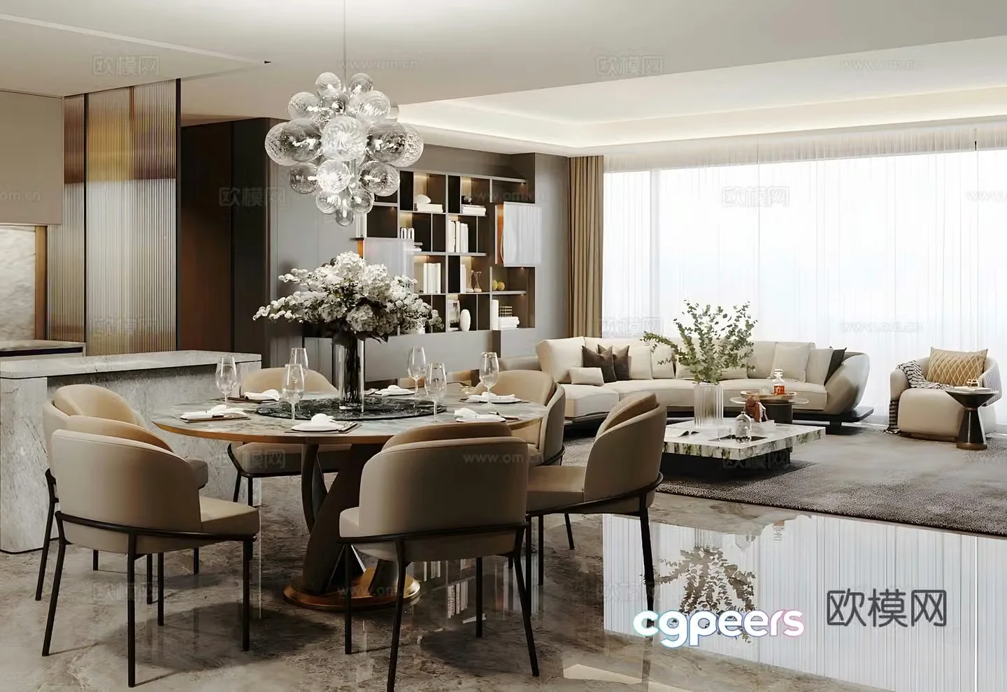 Light luxury Italian large flat floor living room horizontal living room round table restaurant high-end gray living room 3D model