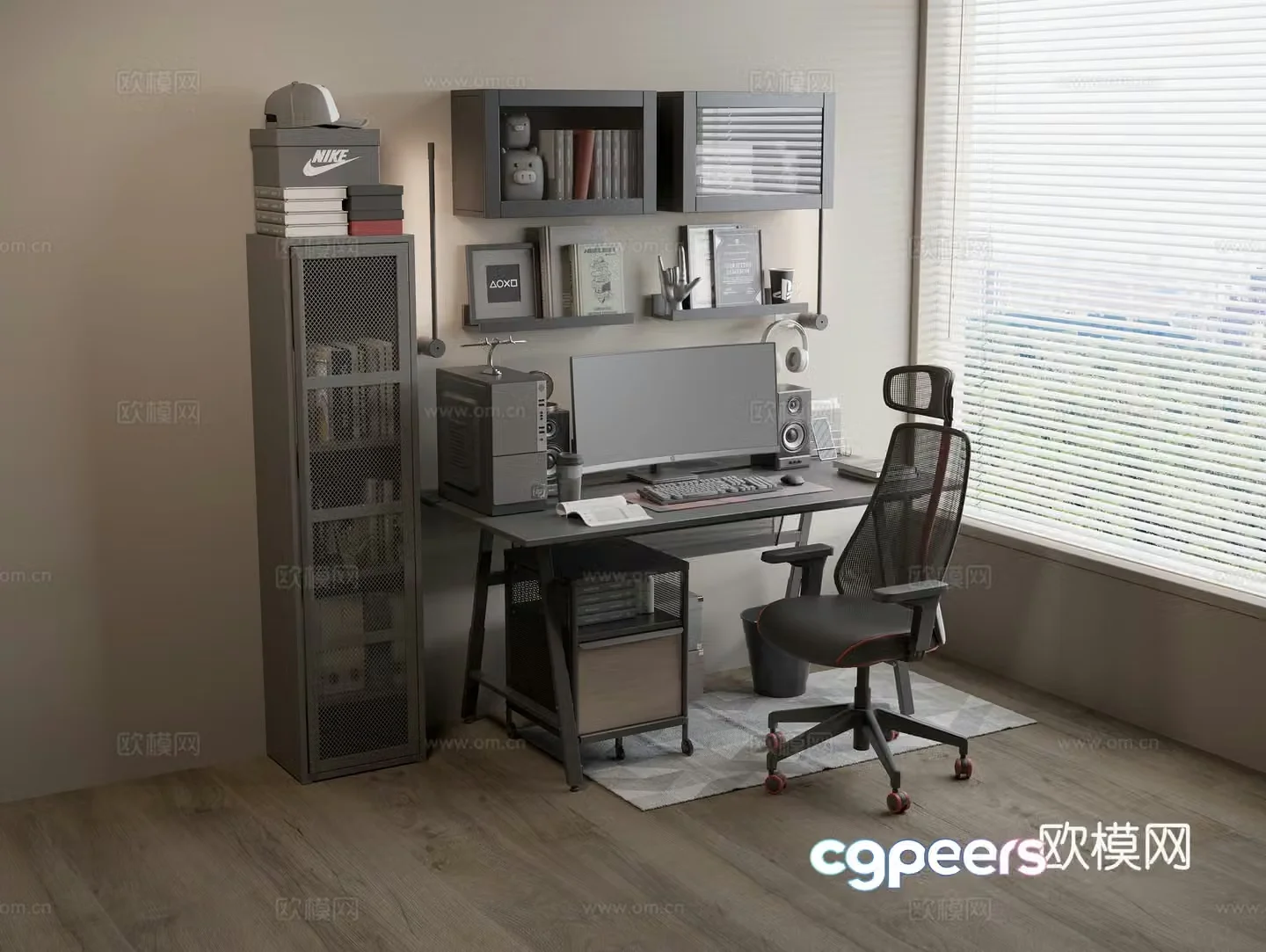 Office desk and chair combination solid wood work table casual rotating chair bookcase bookcase bookcase decoration rack computer 3d model