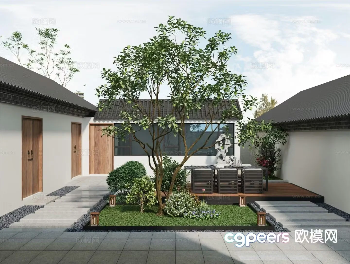 New Chinese style courtyard landscape villa landscape 3D model